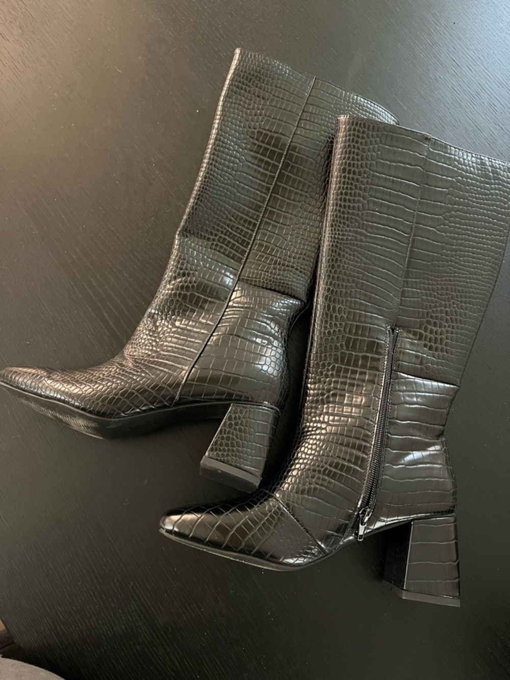 Lulu's Black Croc-Embossed Mid-Calf Block Heel Boots